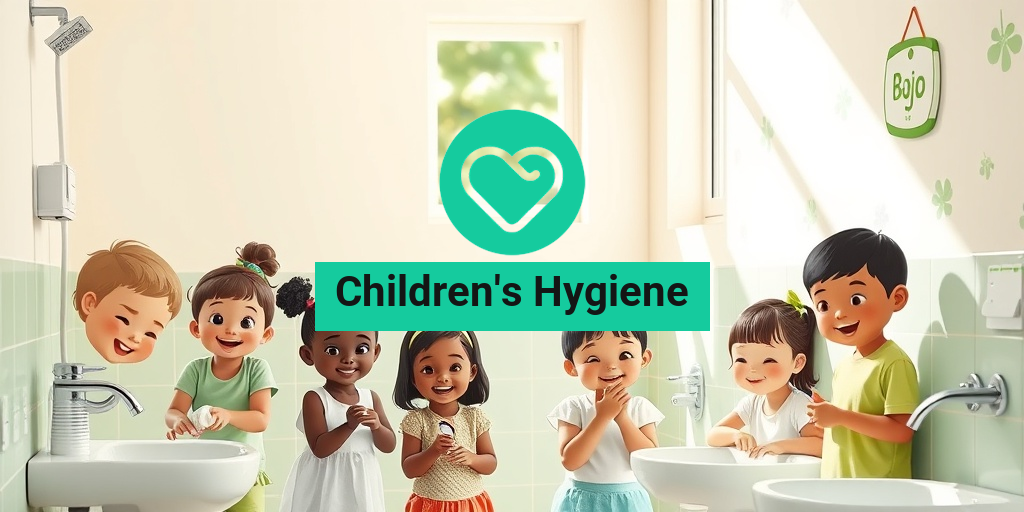 A diverse group of children joyfully practicing hygiene in a bright, cheerful bathroom filled with playful decorations. • Yesil Health AI