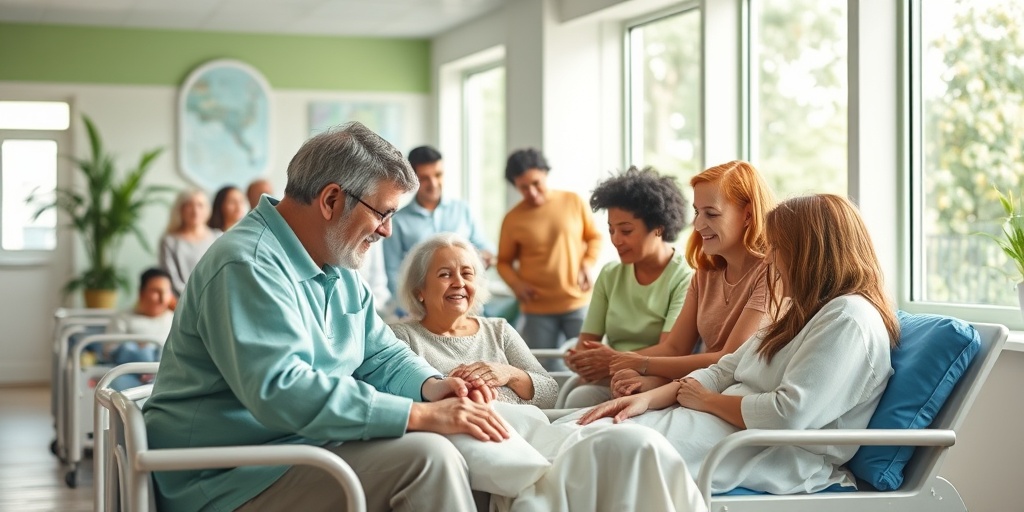 A diverse group of individuals recovering in a rehabilitation center, showcasing hope and resilience in their journey.  5.png