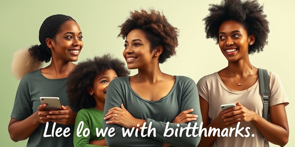 A diverse group of individuals with birthmarks confidently engages in activities, celebrating uniqueness against a serene backdrop.  5.png