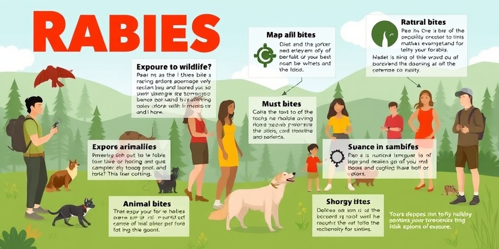 A diverse group outdoors, illustrating rabies risk factors with infographics on animal interactions and outdoor activities.3.png