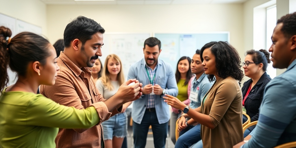 A diverse group participates in a hands-on training session for allergic reactions, guided by an instructor in a bright room.  5.png