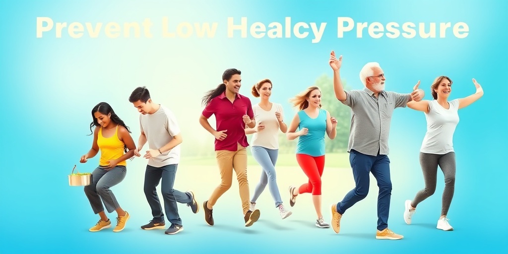 A diverse group promotes a healthy lifestyle, cooking, jogging, and practicing yoga to prevent low blood pressure.  5.png