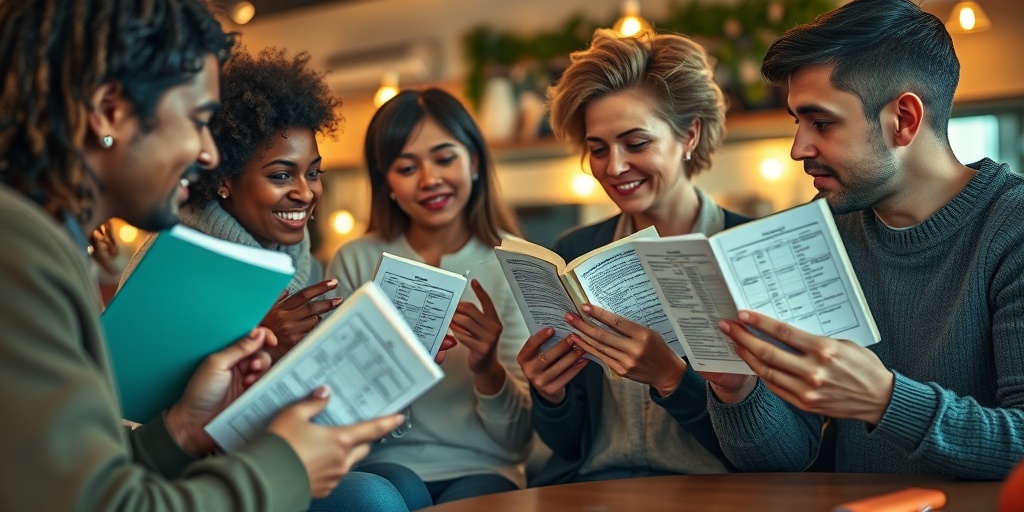 A diverse group shares asthma experiences in a cozy café, each holding personal diaries or charts.  4.png