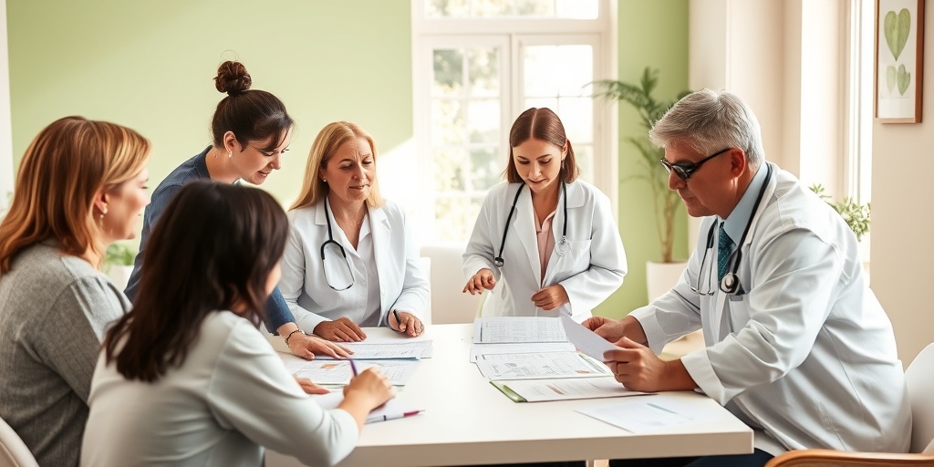 A diverse hospice care team collaborates in a bright office, discussing care plans amidst a warm and supportive atmosphere. 2.png