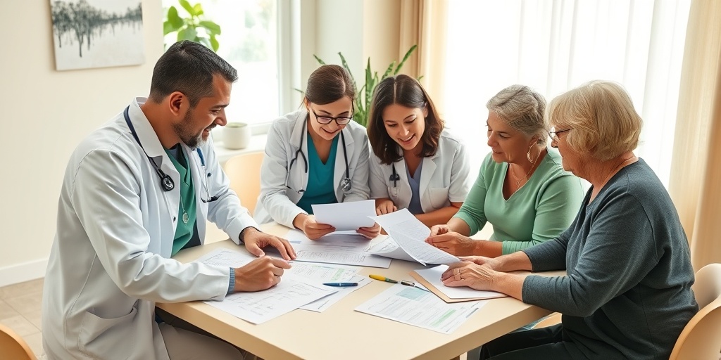 A diverse palliative care team collaborates around a table, emphasizing teamwork and patient-centered care in a warm setting.3.png