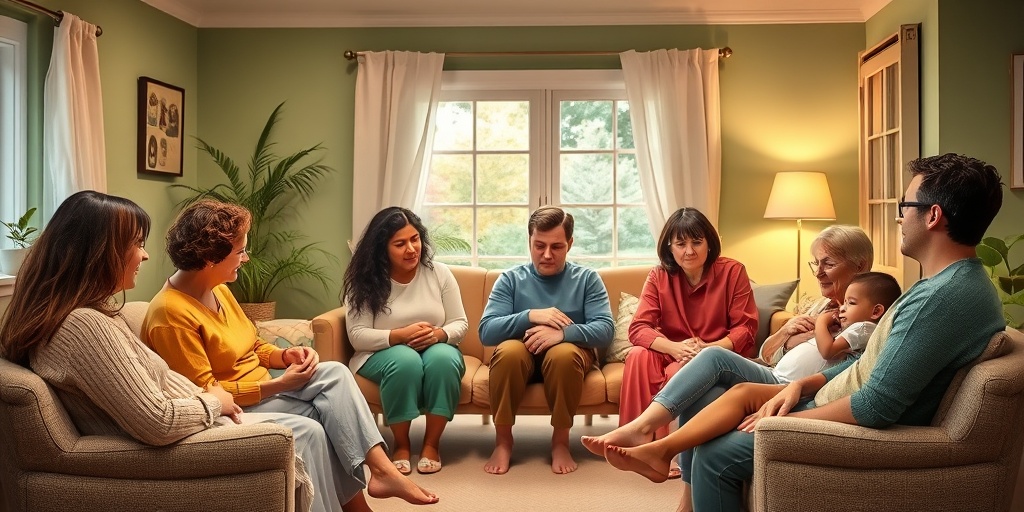 A diverse support group for new parents shares experiences in a cozy community center, fostering connection and understanding.  5.png