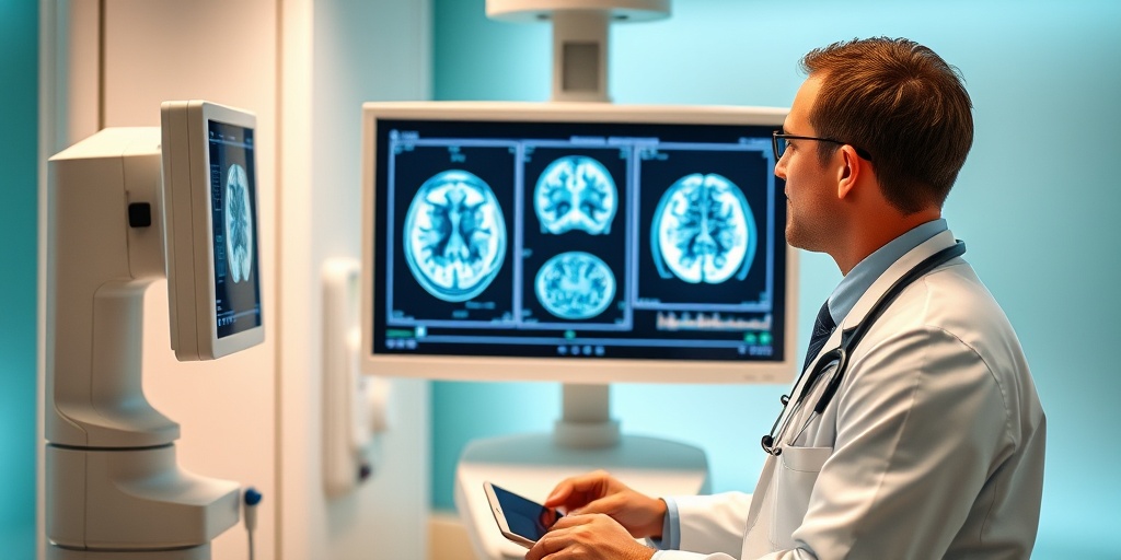 A doctor analyzing brain scans in a modern facility, emphasizing the diagnostic process with a hopeful atmosphere.  3.png