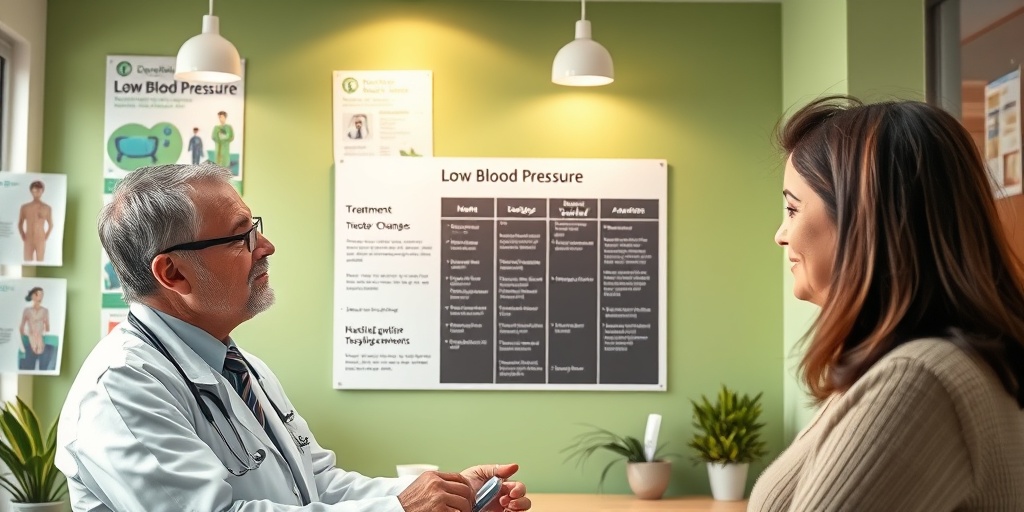 A doctor discusses low blood pressure treatments with a patient, pointing to a chart in a bright clinic.  4.png