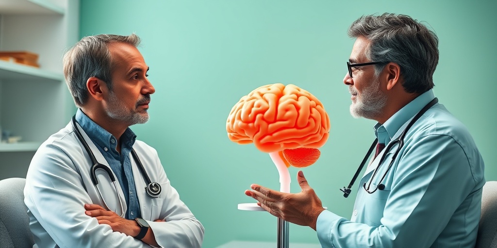 A doctor discusses schizophrenia causes with a patient, using a brain model in a calming clinical setting.  3.png