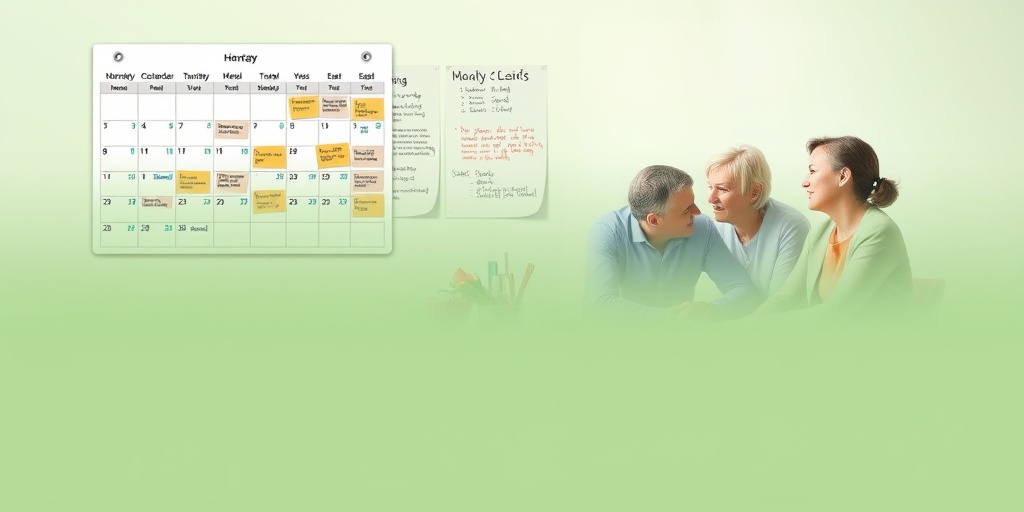 A family discusses a meal planning calendar, surrounded by healthy options, embodying hope and resilience in recovery.  5.png
