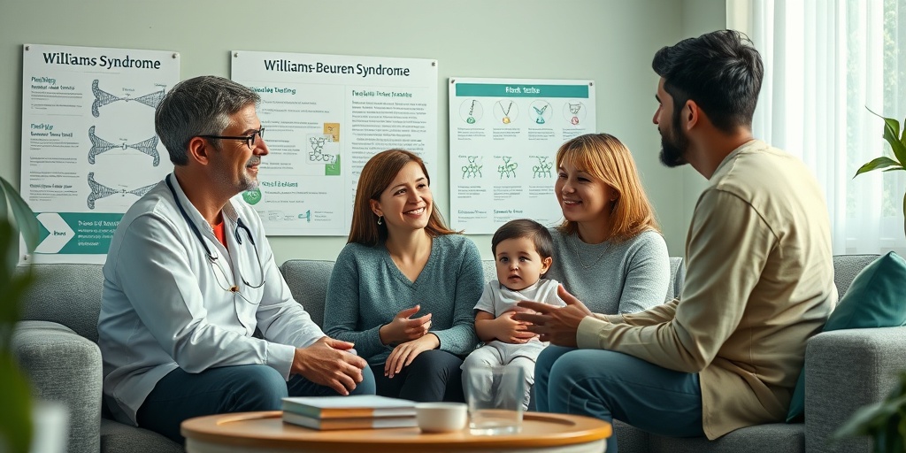 A family discusses genetic testing with a healthcare professional in a cozy room, emphasizing awareness of Williams-Beuren Syndrome. 3.png
