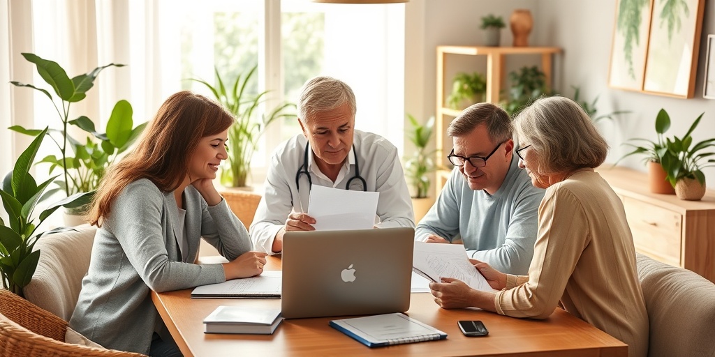 A family discussing hospice care options with a healthcare professional, surrounded by comforting decor and warm lighting.  5.png