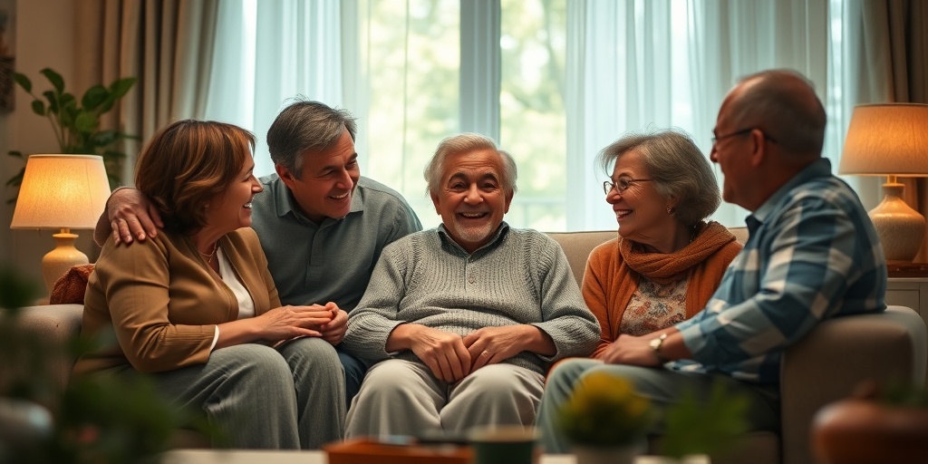 A family joyfully gathered around an elderly loved one, sharing laughter and stories in a cozy living room filled with warmth. 4.png