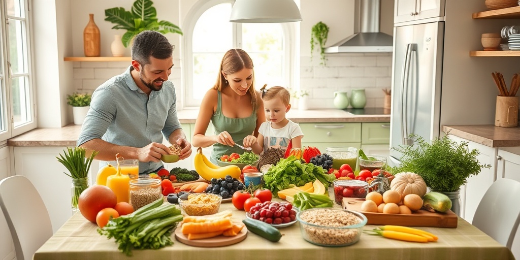 A family of four happily preparing a colorful, healthy meal together in a bright, inviting kitchen filled with natural light.  2.png