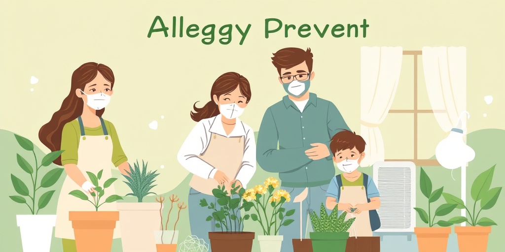 A family wearing masks while gardening, using air purifiers, promoting proactive measures against seasonal allergies in a cheerful setting. 5.png