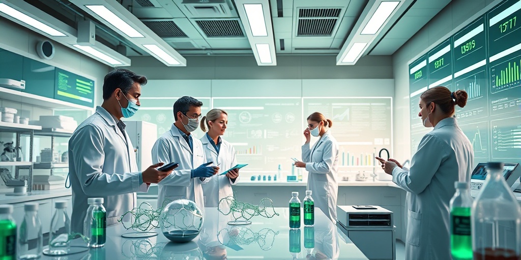 A futuristic lab scene with scientists collaborating on therapies for Glucosyl Ceramide Lipidosis, featuring advanced technology and dynamic lighting.  5.png
