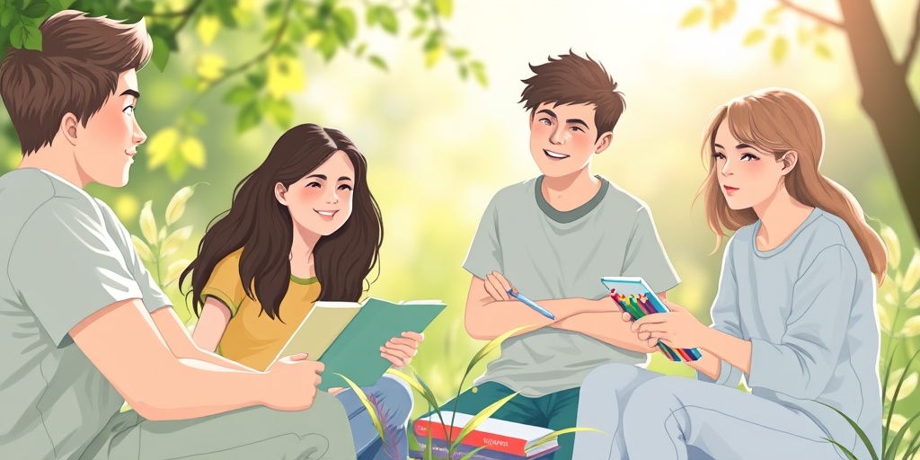 A group of teens participates in supportive activities, showcasing hope and community in a bright, nature-filled environment.  4.png