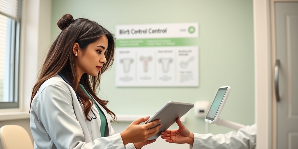 A healthcare professional consults a patient using a digital tablet, fostering open dialogue about personalized birth control choices in a serene environment.  4.png