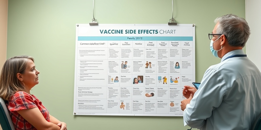 A healthcare professional discusses a vaccine side effects chart with a concerned parent in a clinical setting.4.png