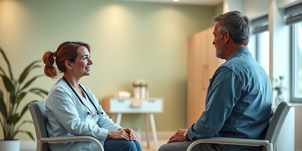 A healthcare professional discusses treatment options for arachnoiditis with a patient in a warm, inviting clinic environment.4.png