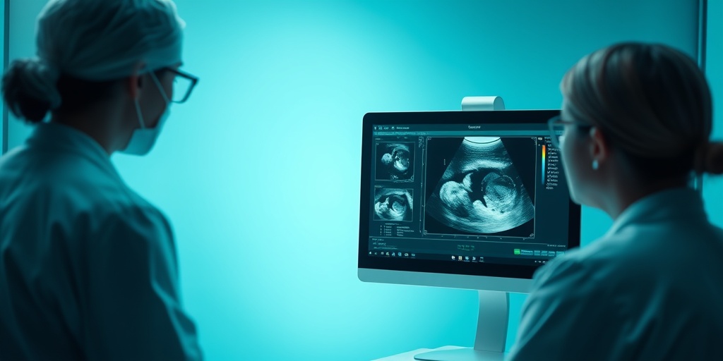A healthcare professional examines ultrasound images of hydatidiform mole, with a bright clinical atmosphere and calming blue background.  4.png