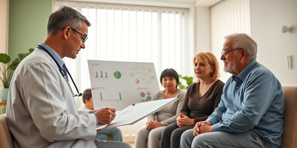 A healthcare professional explains treatment options to a family in a modern, softly lit medical setting, fostering hope.  4.png