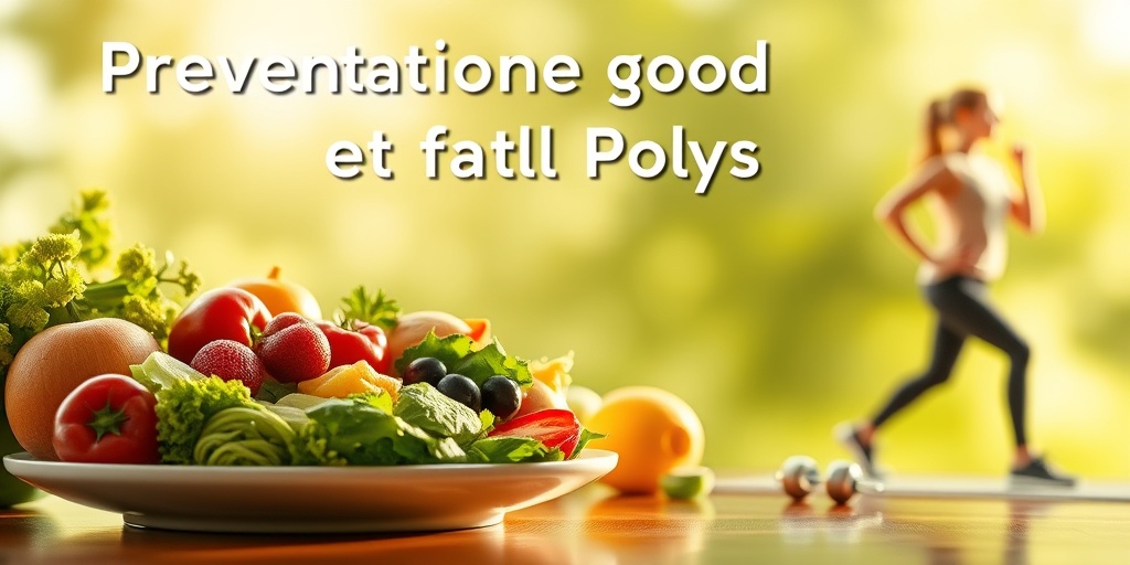 A healthy lifestyle representation featuring fruits, exercise equipment, and physical activity, promoting preventive measures against polyps.  5.png