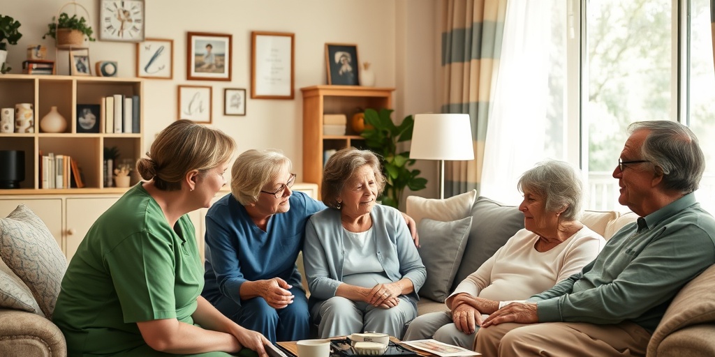 A hospice team listens attentively to a family in a cozy living room, surrounded by comforting decorations and warm light. 3.png