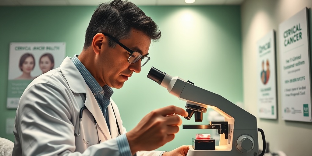 A medical professional examines a cervical biopsy sample under a microscope, illuminated by cinematic lighting in a modern clinic.  3.png