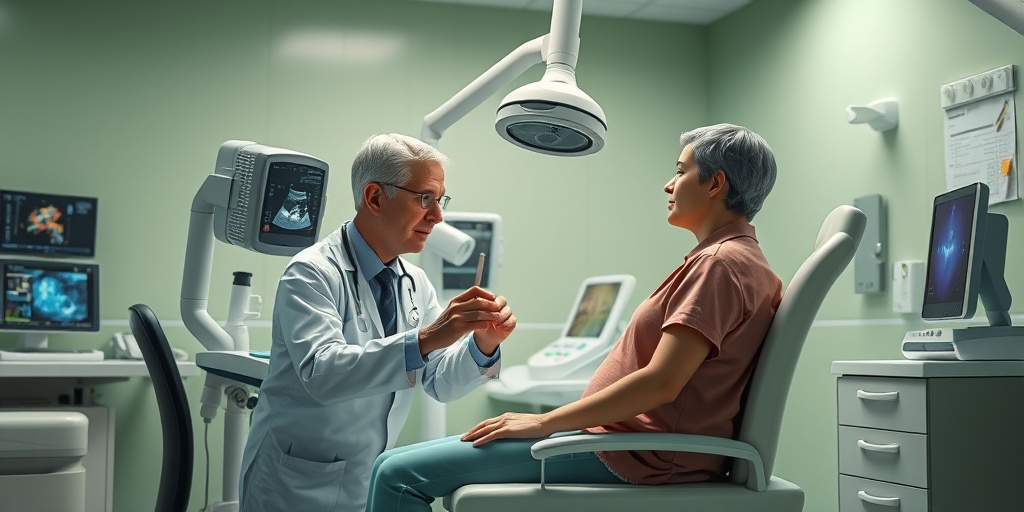 A medical professional examining a patient with advanced diagnostic tools in a modern clinic, conveying hope in the diagnostic process.3.png
