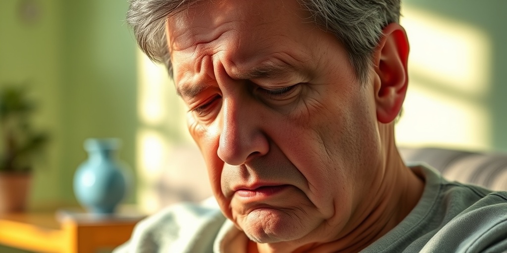 A middle-aged patient shows distress from brain cancer symptoms in a softly lit room, surrounded by a hopeful green hue. 2.png