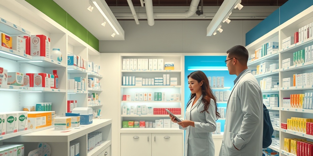 A modern pharmacy displays contraceptive options, with a friendly pharmacist assisting a customer in a welcoming environment.  3.png