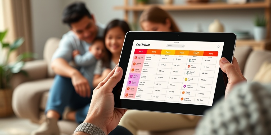 A parent holds a tablet displaying a vibrant vaccination schedule in a cozy living room.2.png