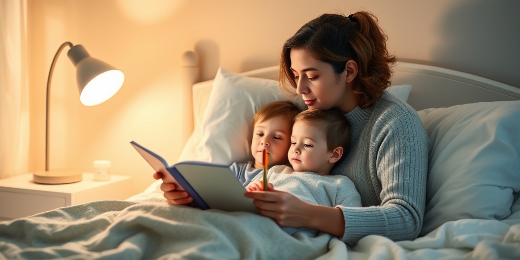 A parent reads a bedtime story, sharing hygiene tips with their child in a warm, peaceful bedroom filled with soft lighting. 5.png