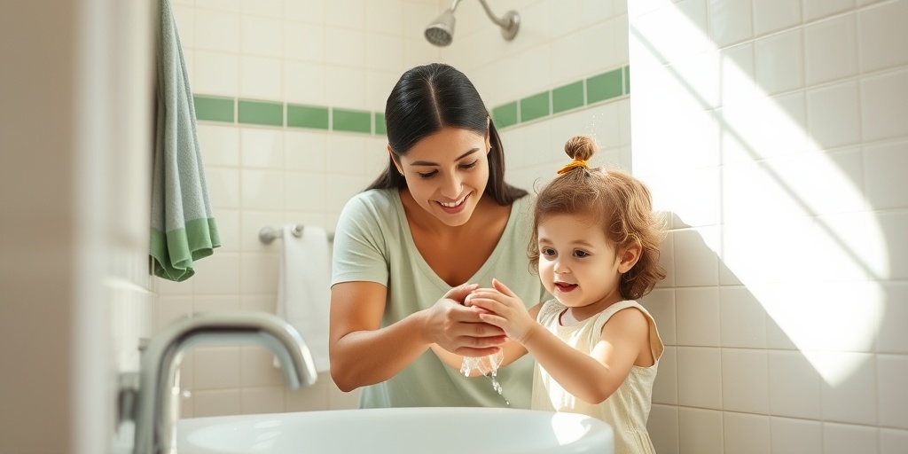 A parent teaches handwashing to an excited child in a cozy bathroom, highlighting the importance of hygiene through fun. 2.png