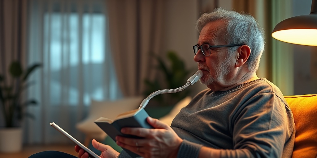 A patient at home uses a portable oxygen concentrator, balancing daily activities with the challenges of living with ARDS.  5.png