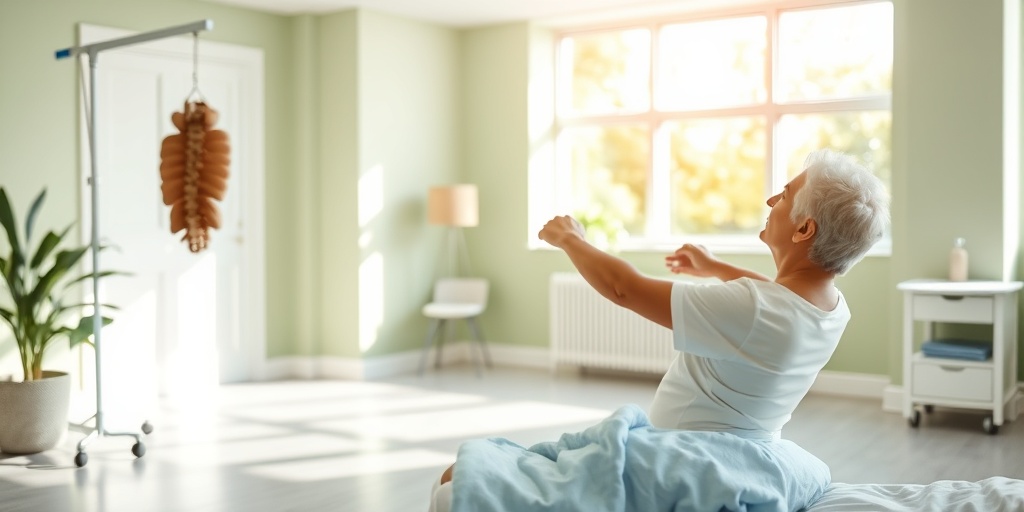 A patient engages in rehabilitation exercises in a bright therapy room, symbolizing hope and recovery from arachnoiditis.5.png