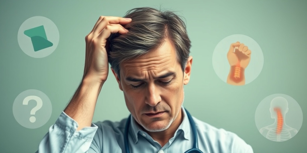 A patient in a clinical setting shows discomfort from Chiari-Budd Syndrome, surrounded by abstract representations of symptoms like blurred vision.2.png