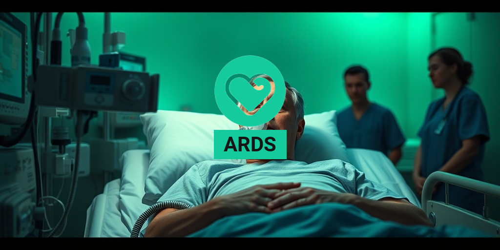 A patient in a hospital bed struggles with ARDS, surrounded by attentive medical staff and vital equipment. • Yesil Health AI
