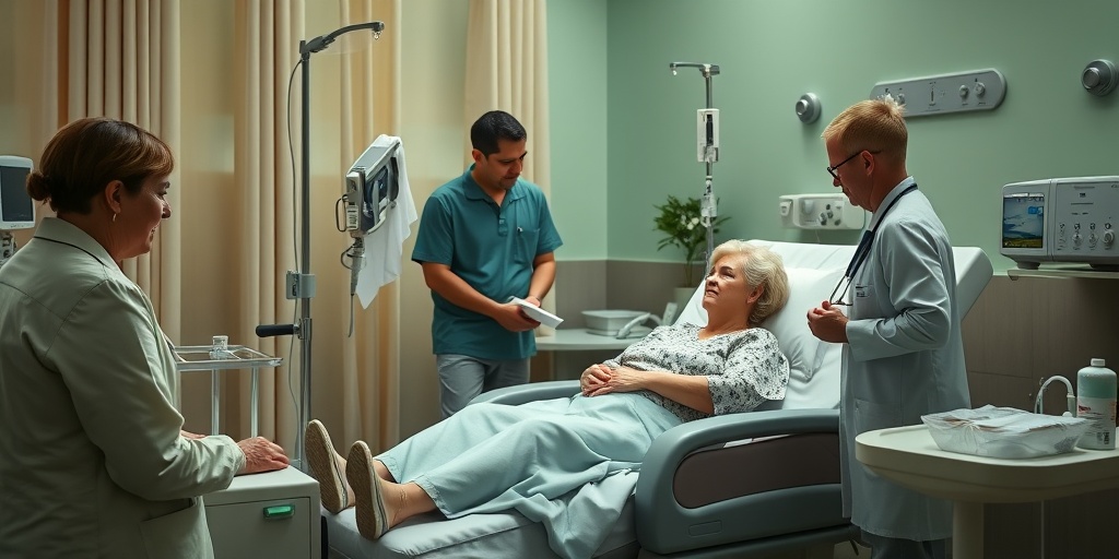 A patient receiving chemotherapy in a cozy treatment room, supported by family, with a warm color palette promoting hope.  4.png