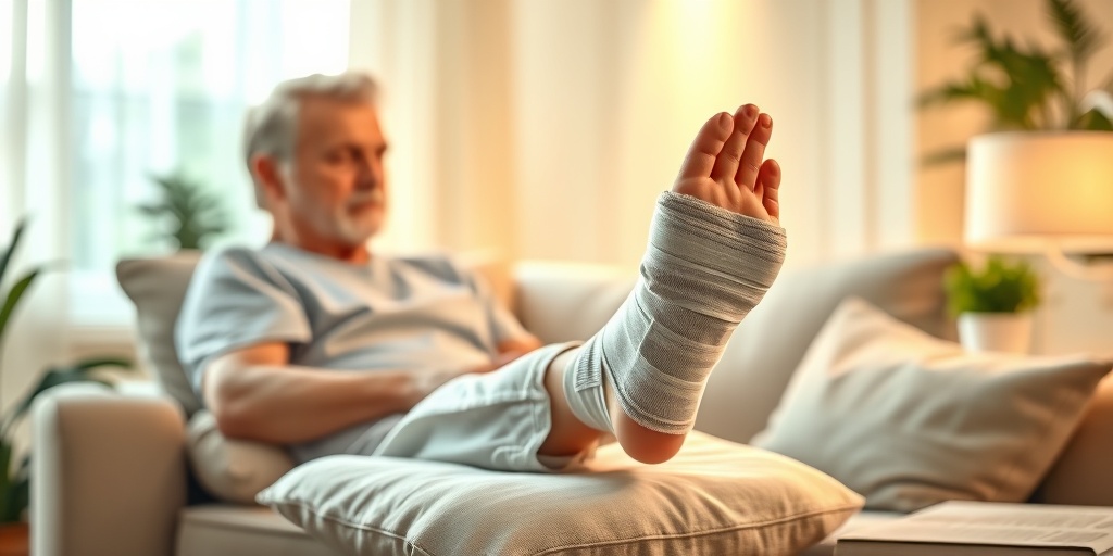 A patient recovering post-surgery in a cozy living room, with a bandaged foot elevated, surrounded by warm, comforting lighting.  5.png