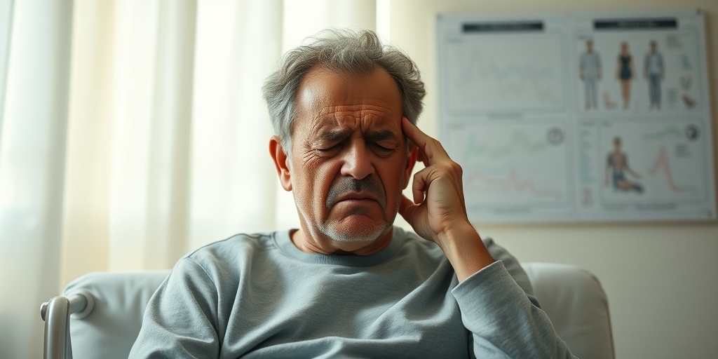 A patient seated in a softly lit room, expressing discomfort from Reflex Neurovascular Dystrophy, surrounded by soothing colors.2.png