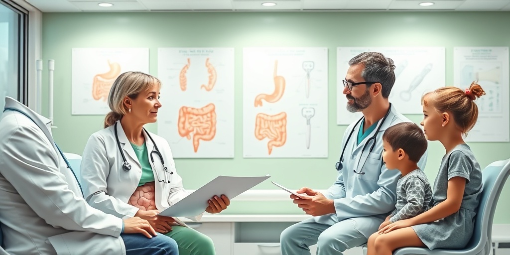 A pediatric gastroenterologist discusses treatment options with a family in a modern clinic, emphasizing care and professionalism.  4.png