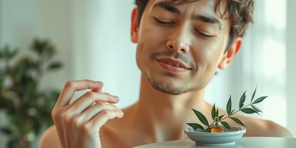 A person applying tea tree oil to their skin, radiating relaxation in a softly lit, calming environment.  2.png