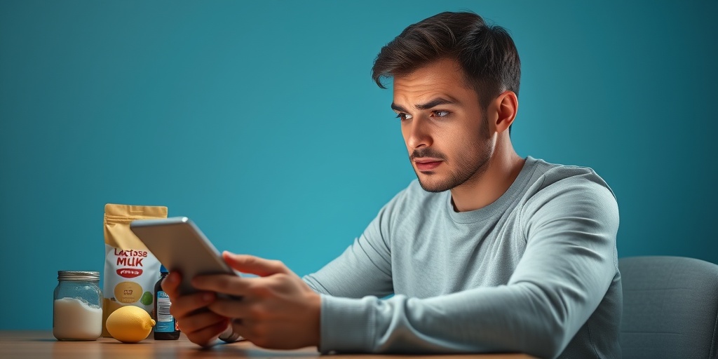 A person engaged with a digital device, searching for lactose intolerance FAQs, with lactose-free products nearby. 5.png
