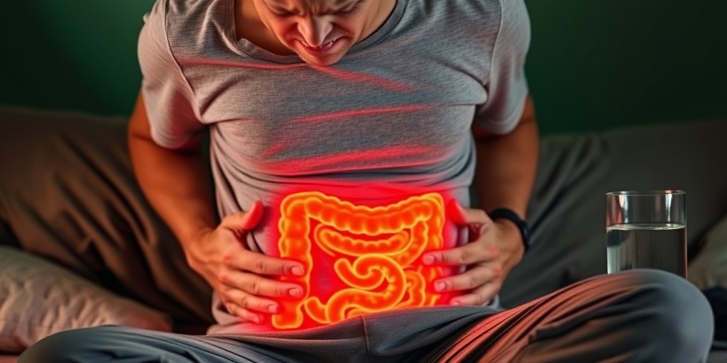 A person seated in a softly lit room, expressing discomfort from spastic colon symptoms, with a heating pad nearby.  2.png