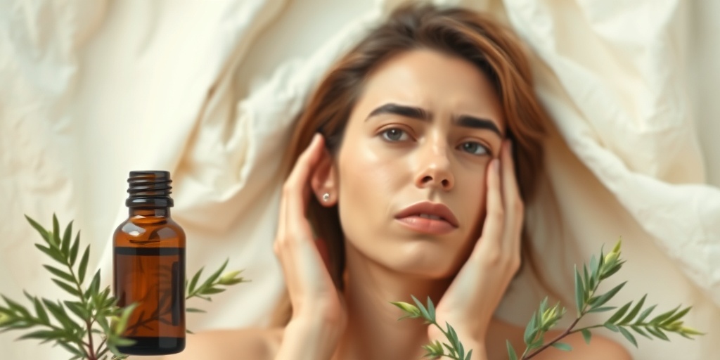 A person with mild skin irritation contemplating tea tree oil as a remedy, set in a soothing, balanced environment.  5.png