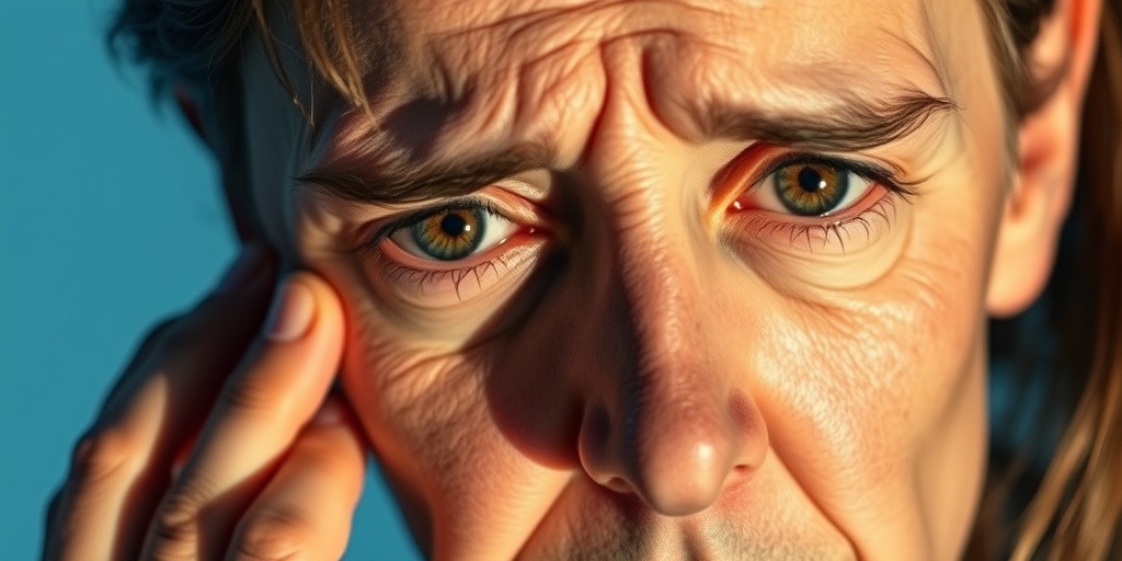 A person’s facial expression reveals discomfort from Eye Retraction Symptoms, set against a calming blue backdrop.  2.png