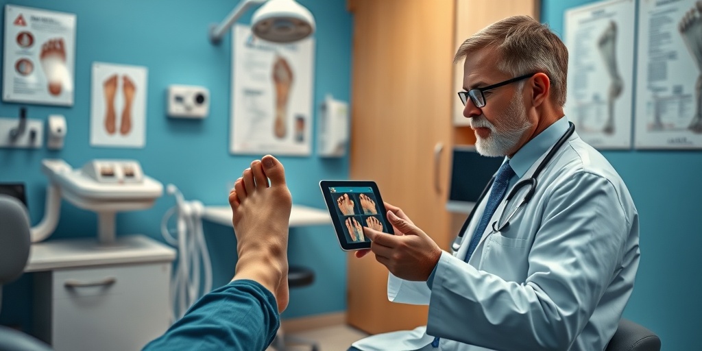 A podiatrist diagnosing toe conditions with a digital tablet, creating a professional atmosphere in a well-lit medical office.  4.png
