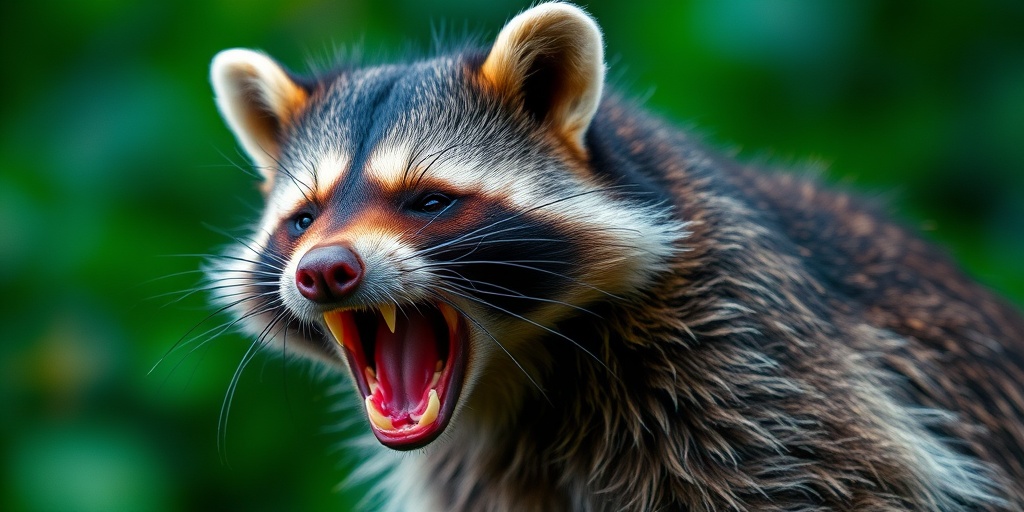 A rabid raccoon exhibiting aggression and disorientation, set against a blurred green background, highlighting the seriousness of rabies.5.png